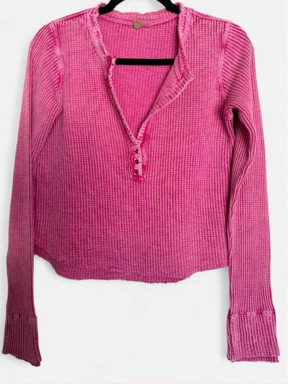 FP One Women's Pink Waffle Henley Long Sleeve Top